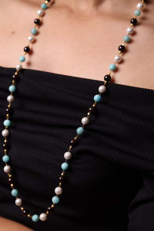 Amazonite, Garnet & Pearl Beads String Necklace