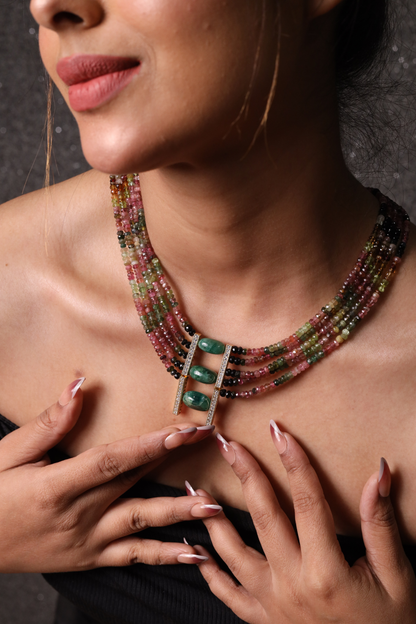 Tourmaline  with green tumbles five line necklace