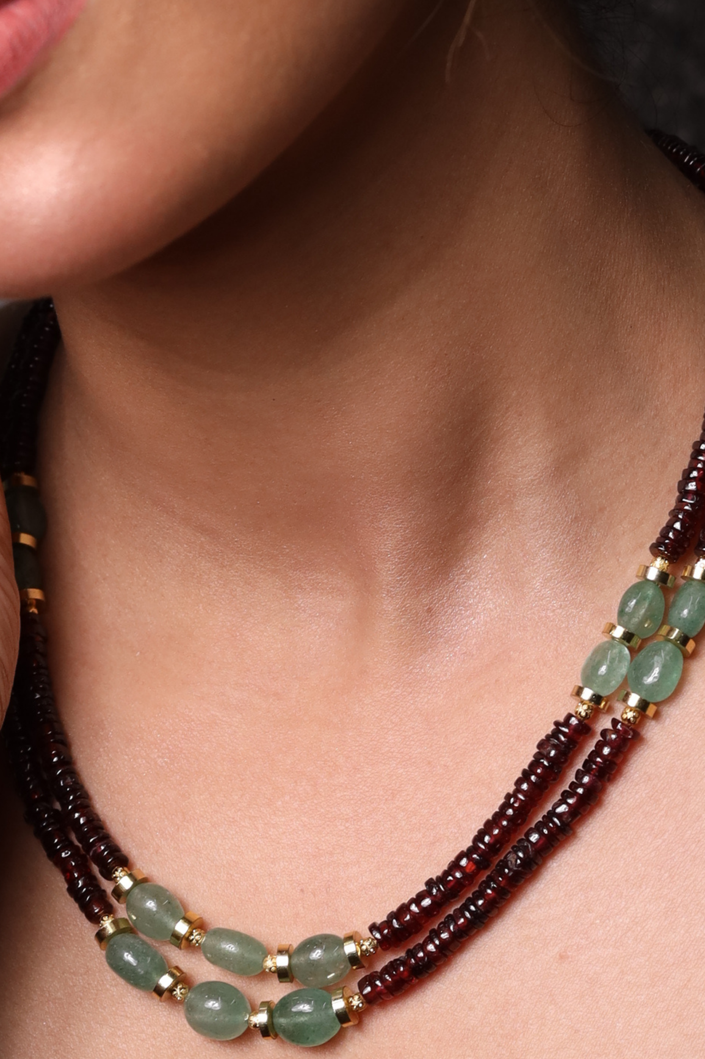 Garnet with Green Strawberry 2-Layer Heishi Beads Necklace