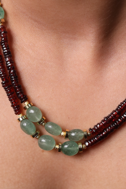Garnet with Green Strawberry 2-Layer Heishi Beads Necklace