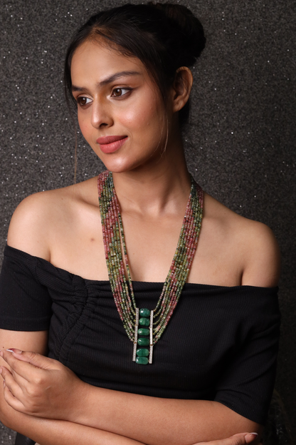 Tourmaline  With Green Tumbles Seven line Necklace