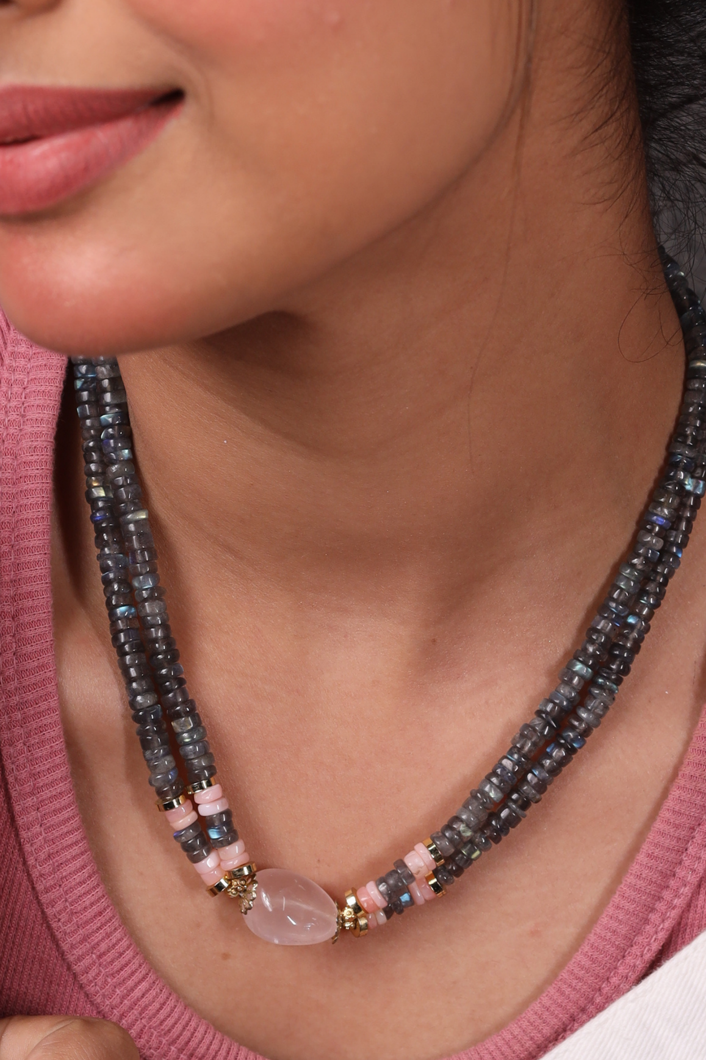 Labradorite with Rose Quartz  Tumble Necklace