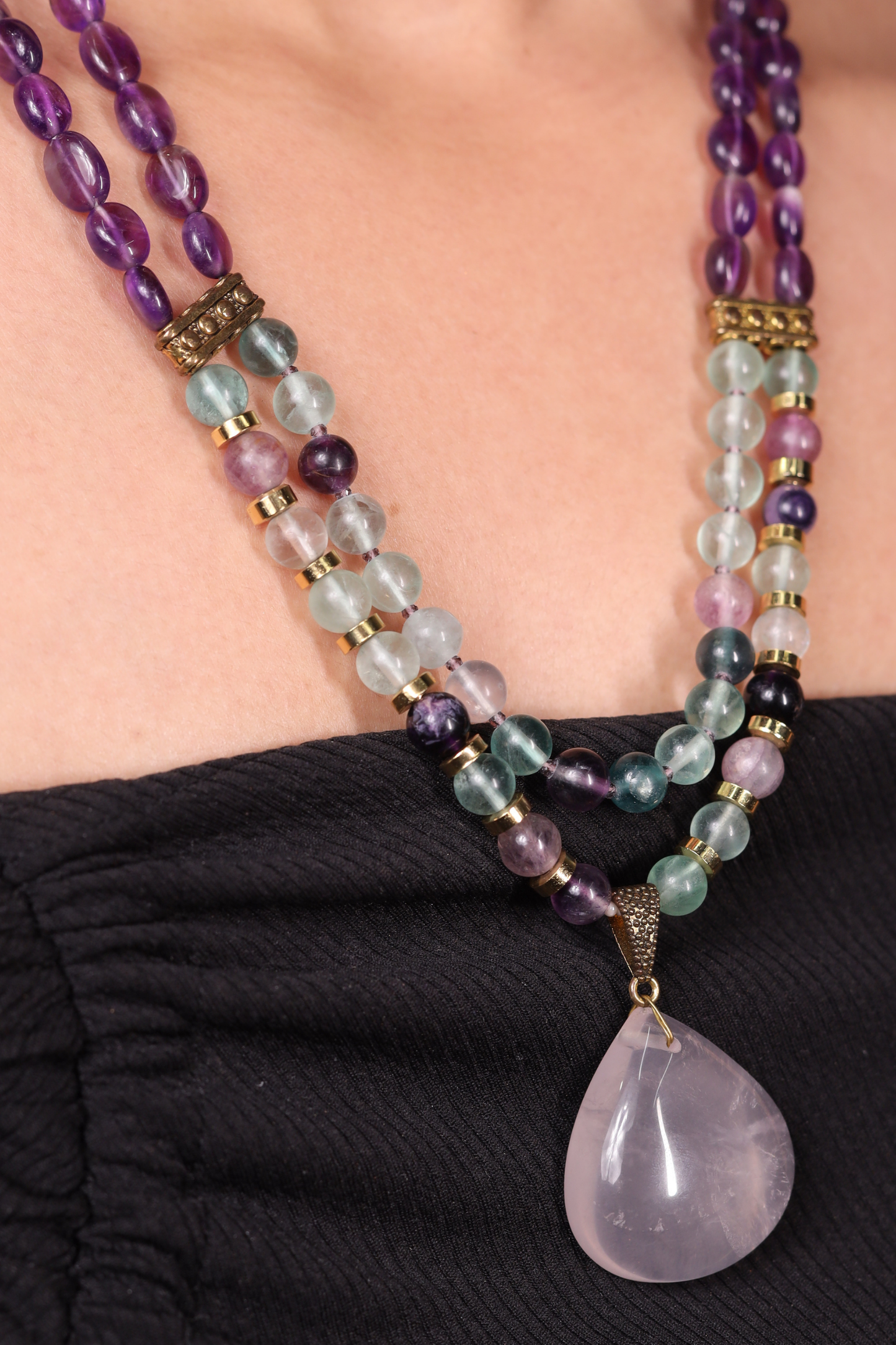 Amethyst & Fluorite with  Rose Quartz Pendant Necklace