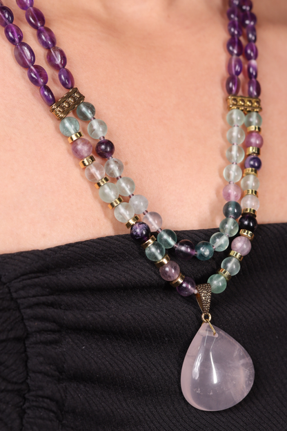 Amethyst & Fluorite with  Rose Quartz Pendant Necklace