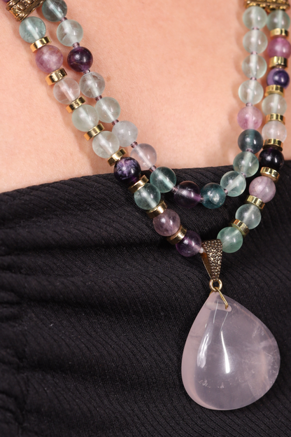 Amethyst & Fluorite with  Rose Quartz Pendant Necklace
