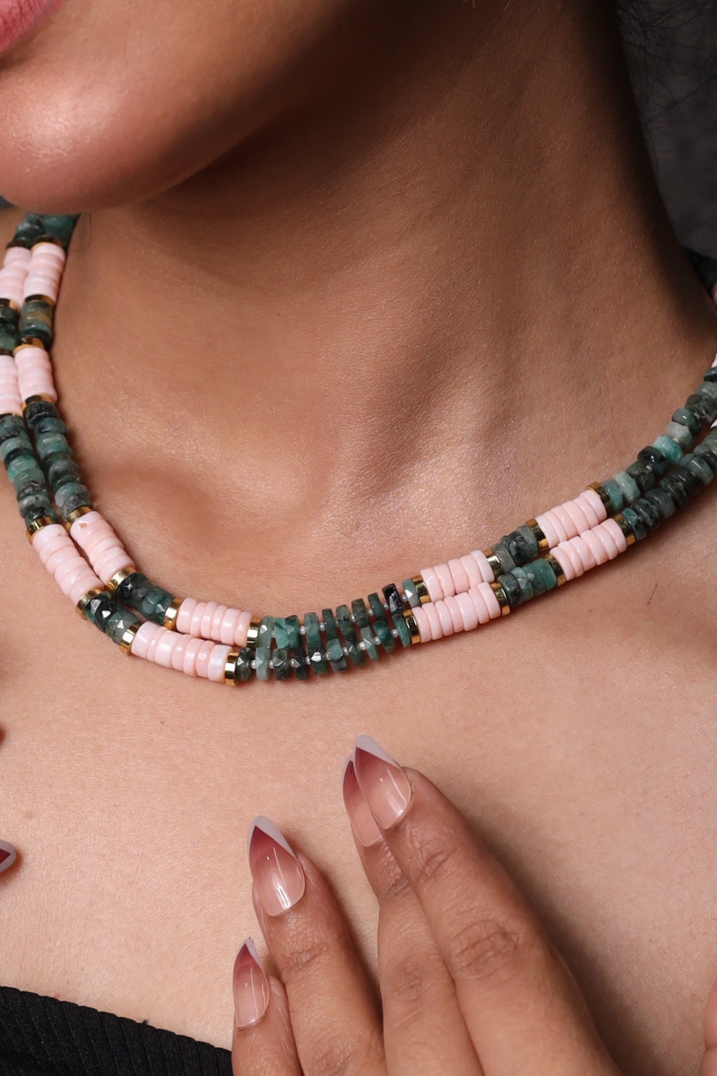Pink Opal & Green Emerald Heishi  Beads Necklace