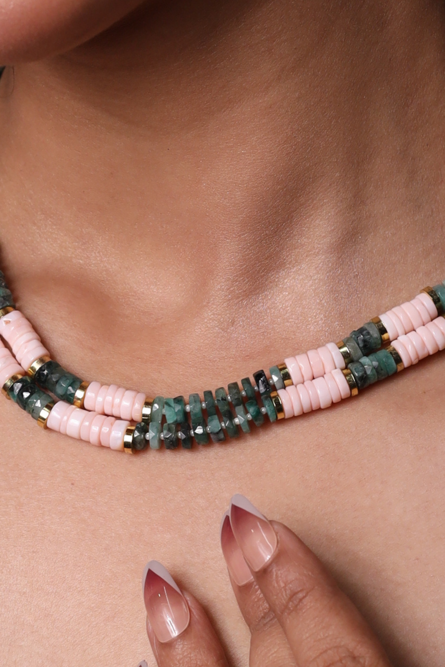 Pink Opal & Green Emerald Heishi  Beads Necklace