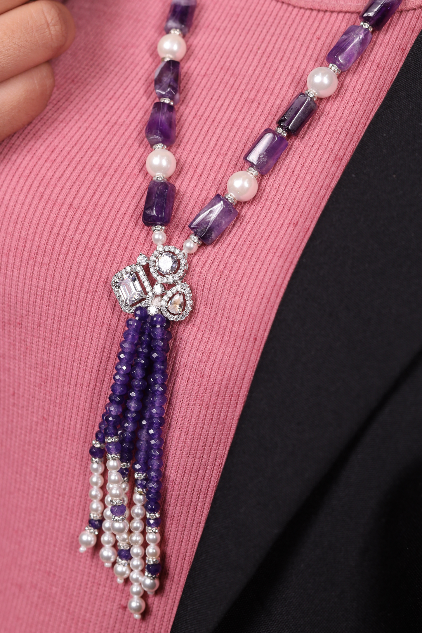 Amethyst & Pearl Contemporary with  Locket Necklace