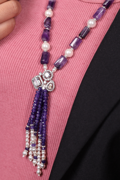 Amethyst & Pearl Contemporary with  Locket Necklace