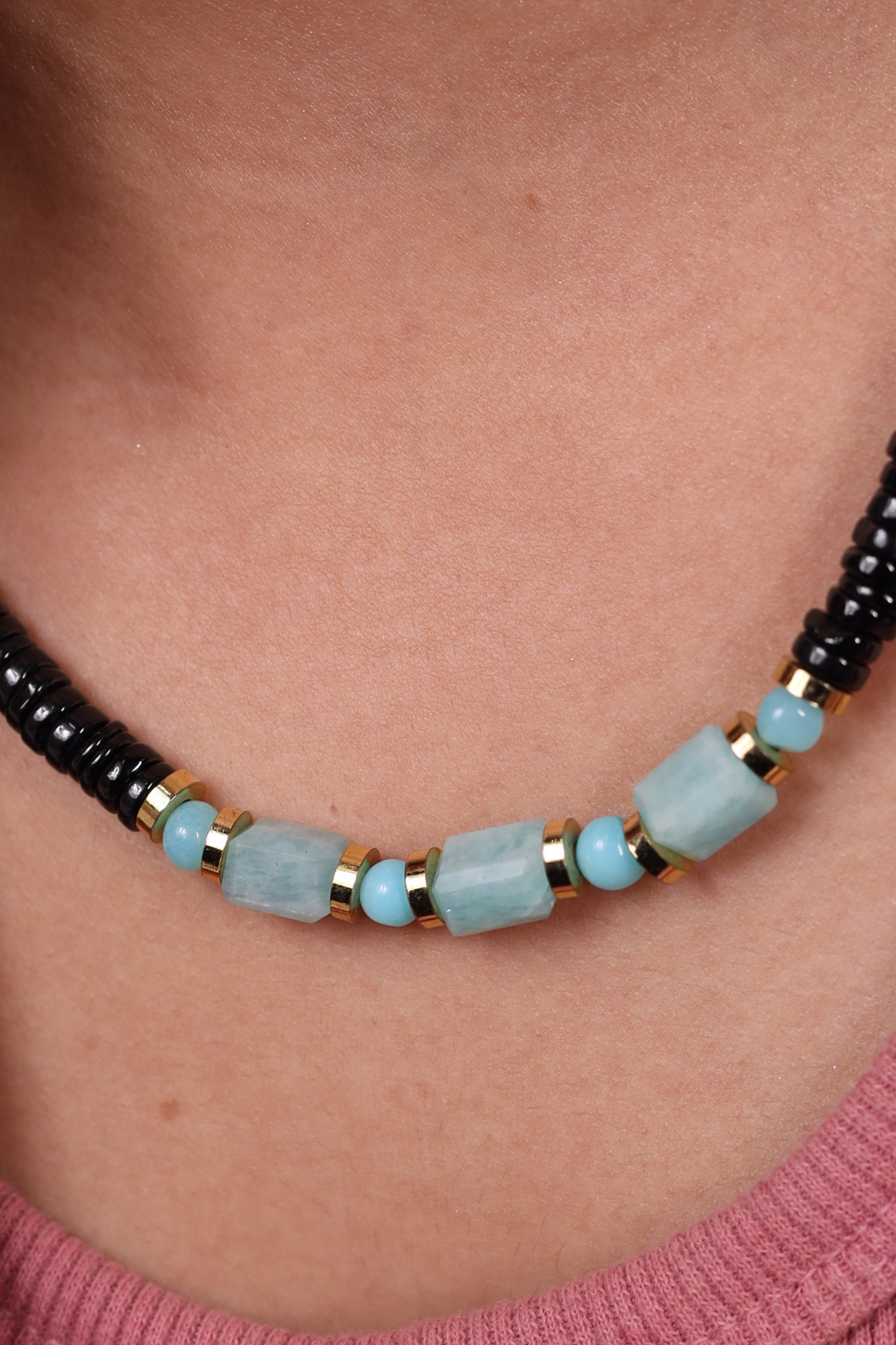 Black Heishi cut & Turquoise  Beads Necklace