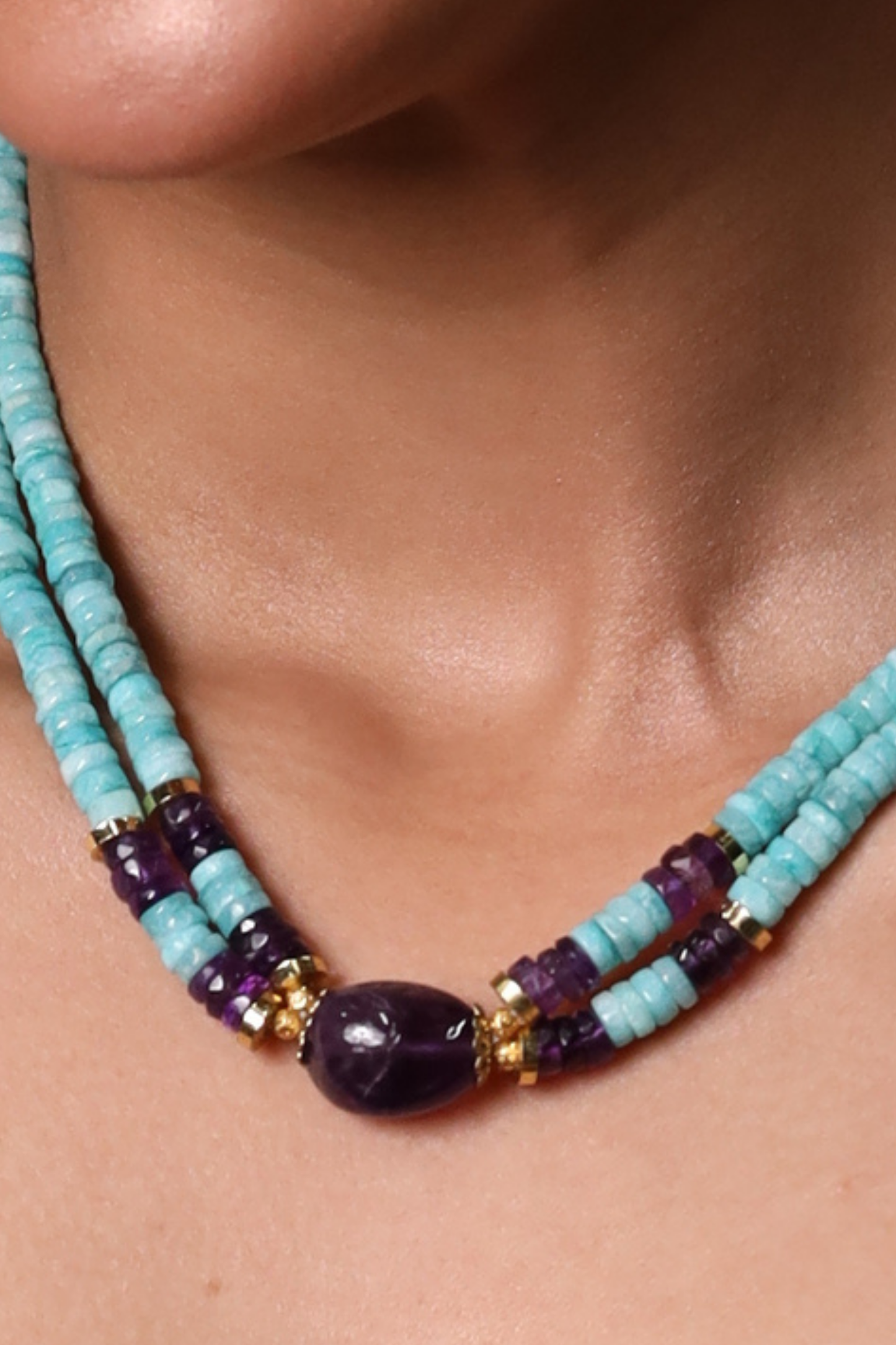 Elegant Amazonite and Amethyst Heishi cut Beads Necklace
