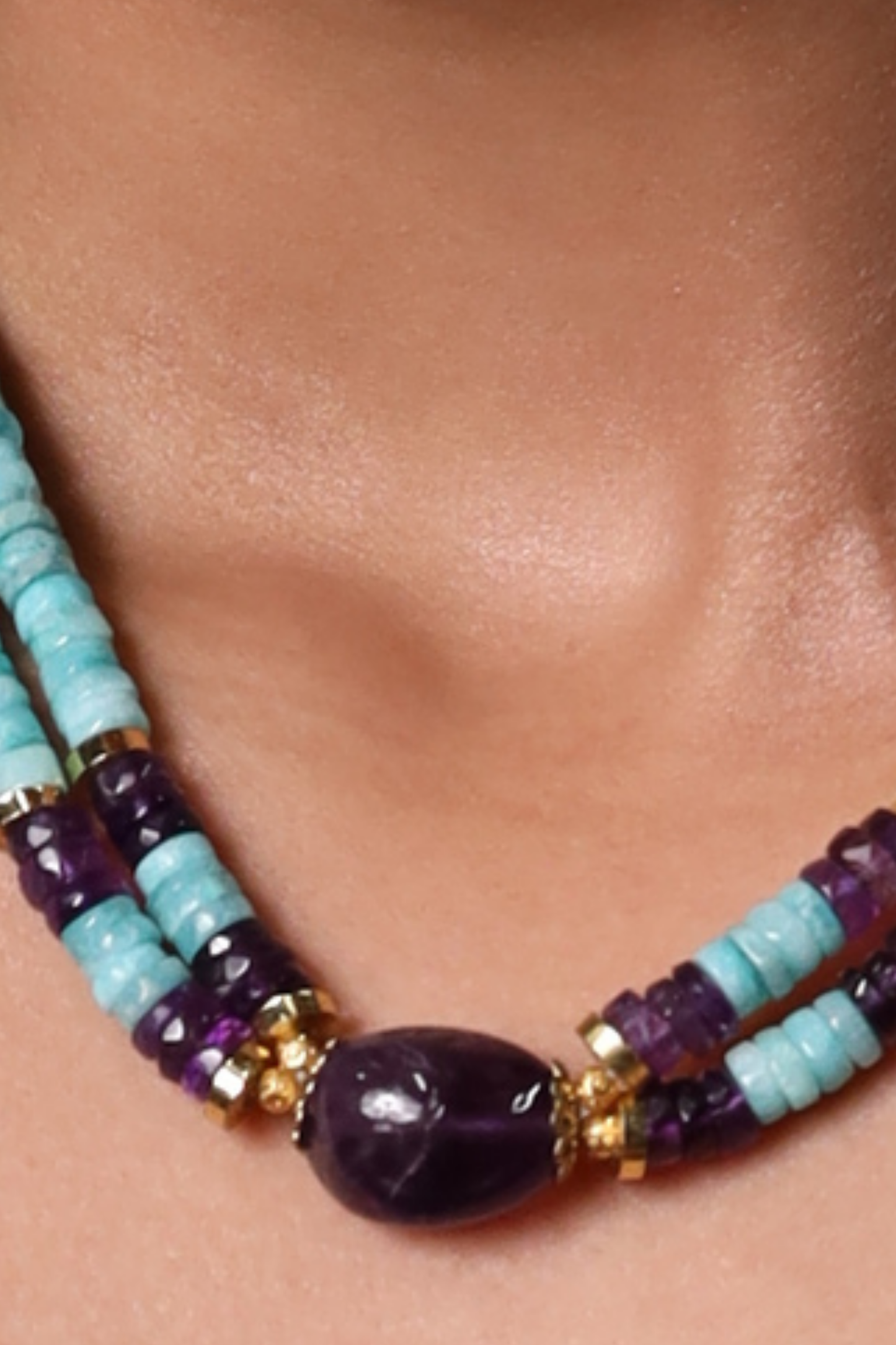 Elegant Amazonite and Amethyst Heishi cut Beads Necklace