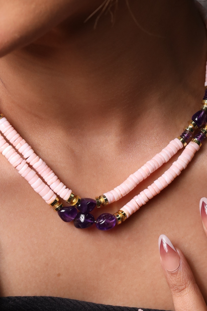 Pink Opal & amethyst  Beads  Necklace