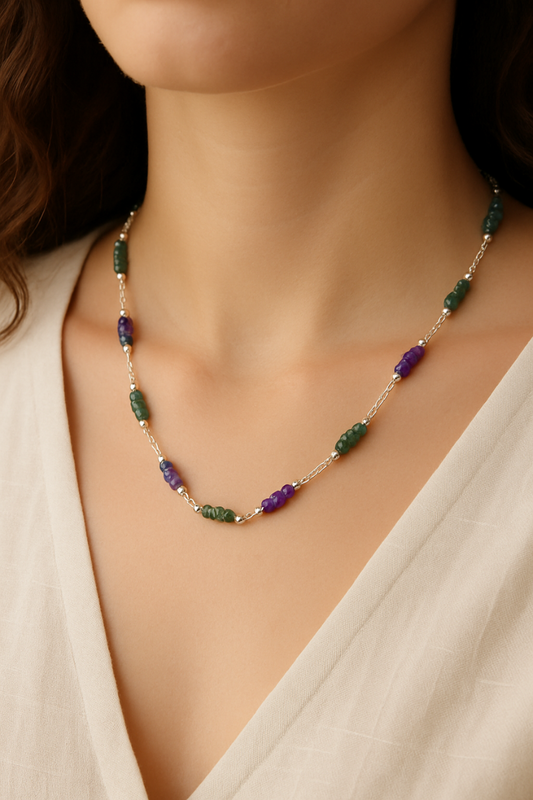 Handcrafted Gemstone Silver Necklace with Green Aventurine & Amethyst