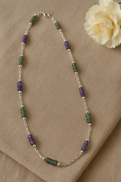 Handcrafted Gemstone Silver Necklace with Green Aventurine & Amethyst