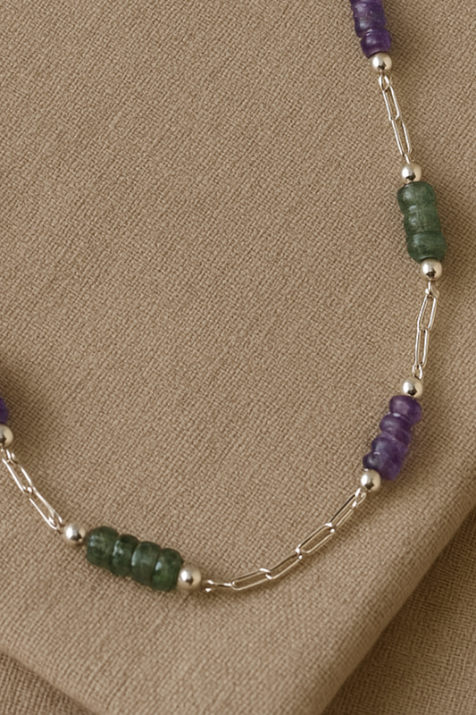Handcrafted Gemstone Silver Necklace with Green Aventurine & Amethyst