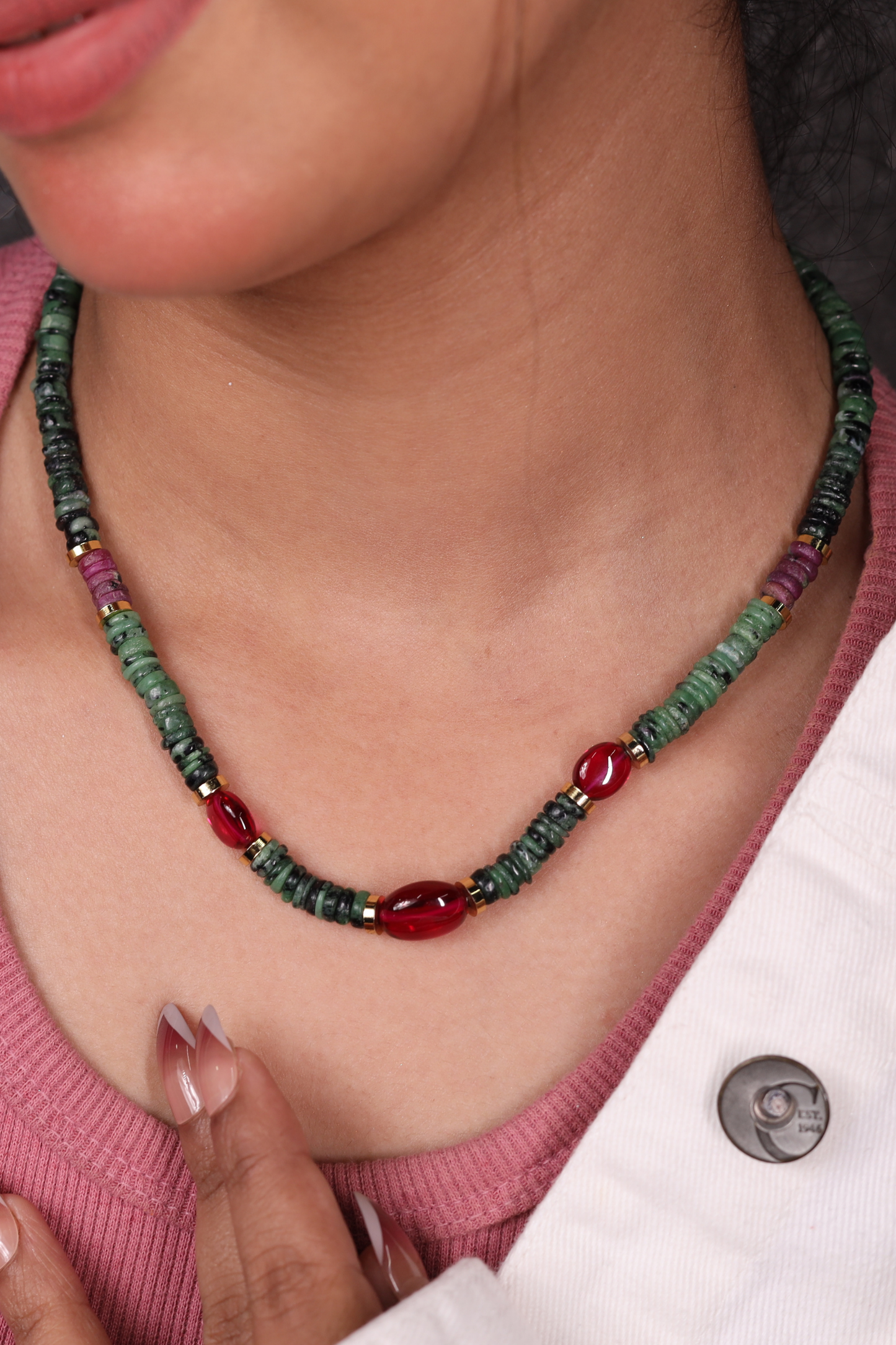 Green  Zoisite & Ruby  Beads Necklace