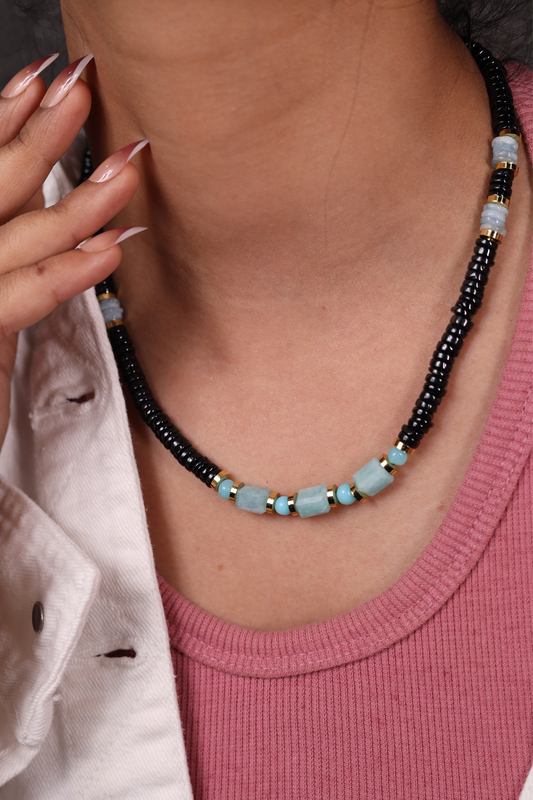 Black Heishi cut & Turquoise  Beads Necklace
