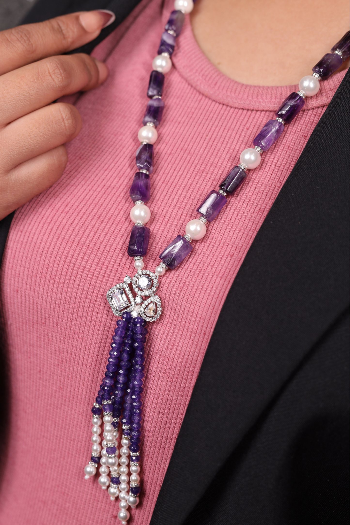 Amethyst & Pearl Contemporary with  Locket Necklace