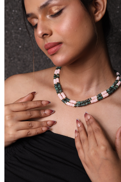Pink Opal & Green Emerald Heishi  Beads Necklace