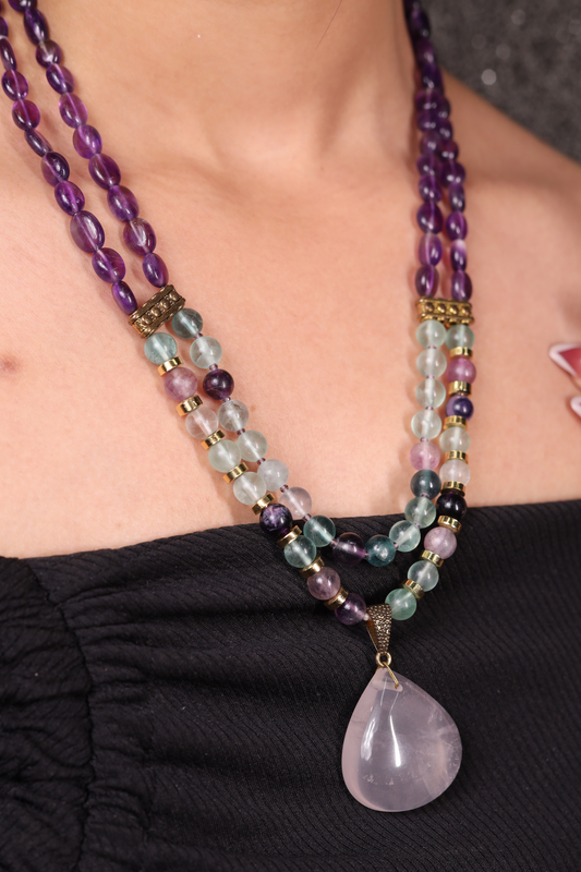 Amethyst & Fluorite with  Rose Quartz Pendant Necklace
