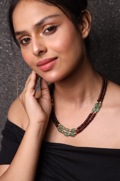 Garnet with Green Strawberry 2-Layer Heishi Beads Necklace