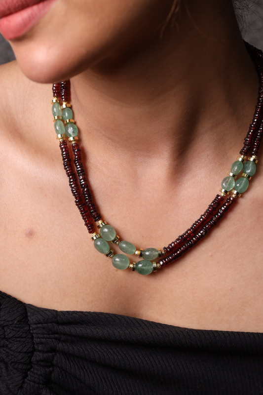Garnet with Green Strawberry 2-Layer Heishi Beads Necklace