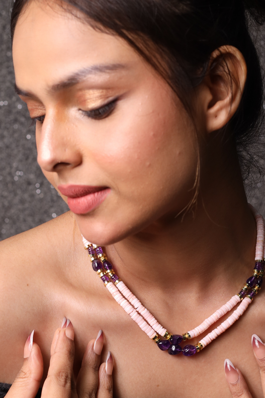Pink Opal & amethyst  Beads  Necklace