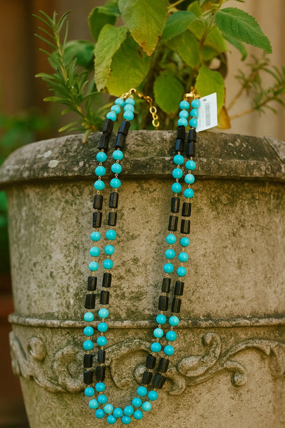 🔷 Blue Turquoise with Black Pipe Stones Necklace