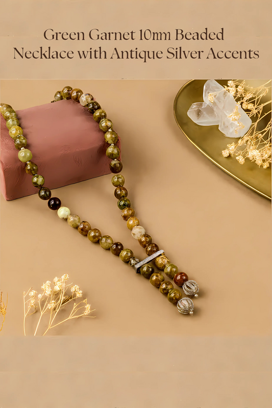 Green Garnet Gemstone Beaded Necklace with Antique Silver Accents