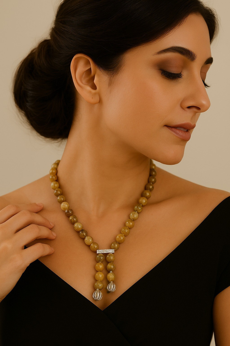 Green Garnet Gemstone Beaded Necklace with Antique Silver Accents