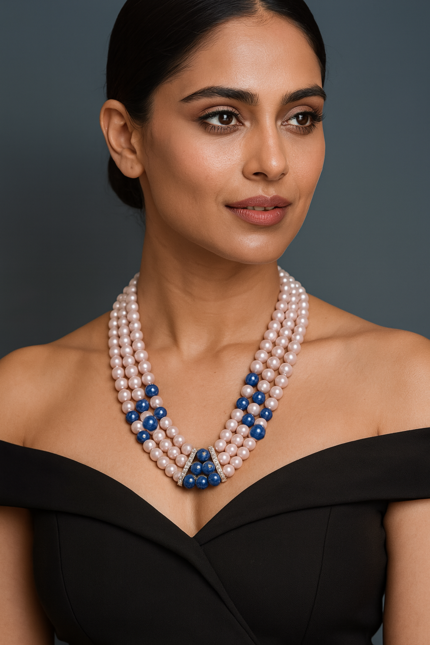 Triple-Strand Pink Pearl & Blue Gemstone Beaded Necklace | Elegant Natural Jewelry