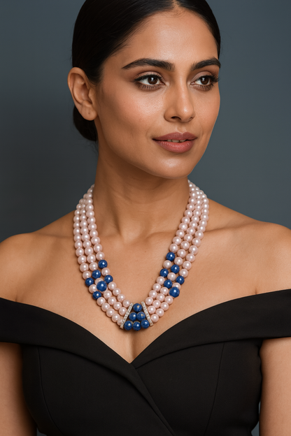 Triple-Strand Pink Pearl & Blue Gemstone Beaded Necklace | Elegant Natural Jewelry
