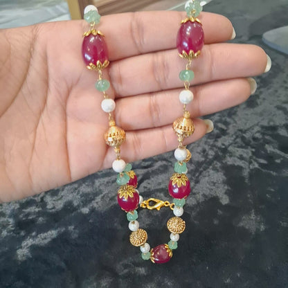 Festive Ruby Red Stone Necklace with Pearls & Antique Gold Beads