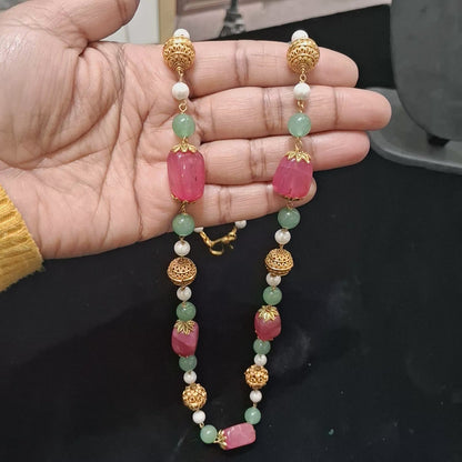 “Pink Stone & Aventurine Necklace Finished with Pearls and Gold Textured Accents”
