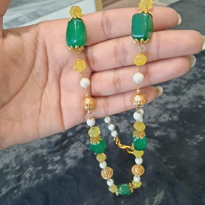 Premium Green Gemstone Necklace with Pearls and Yellow Beads