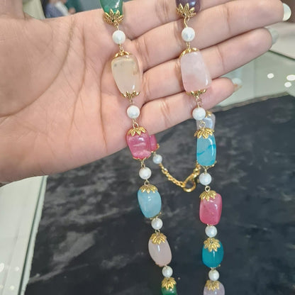 Handcrafted Multicolor Tumble Gemstone Necklace with Pearls